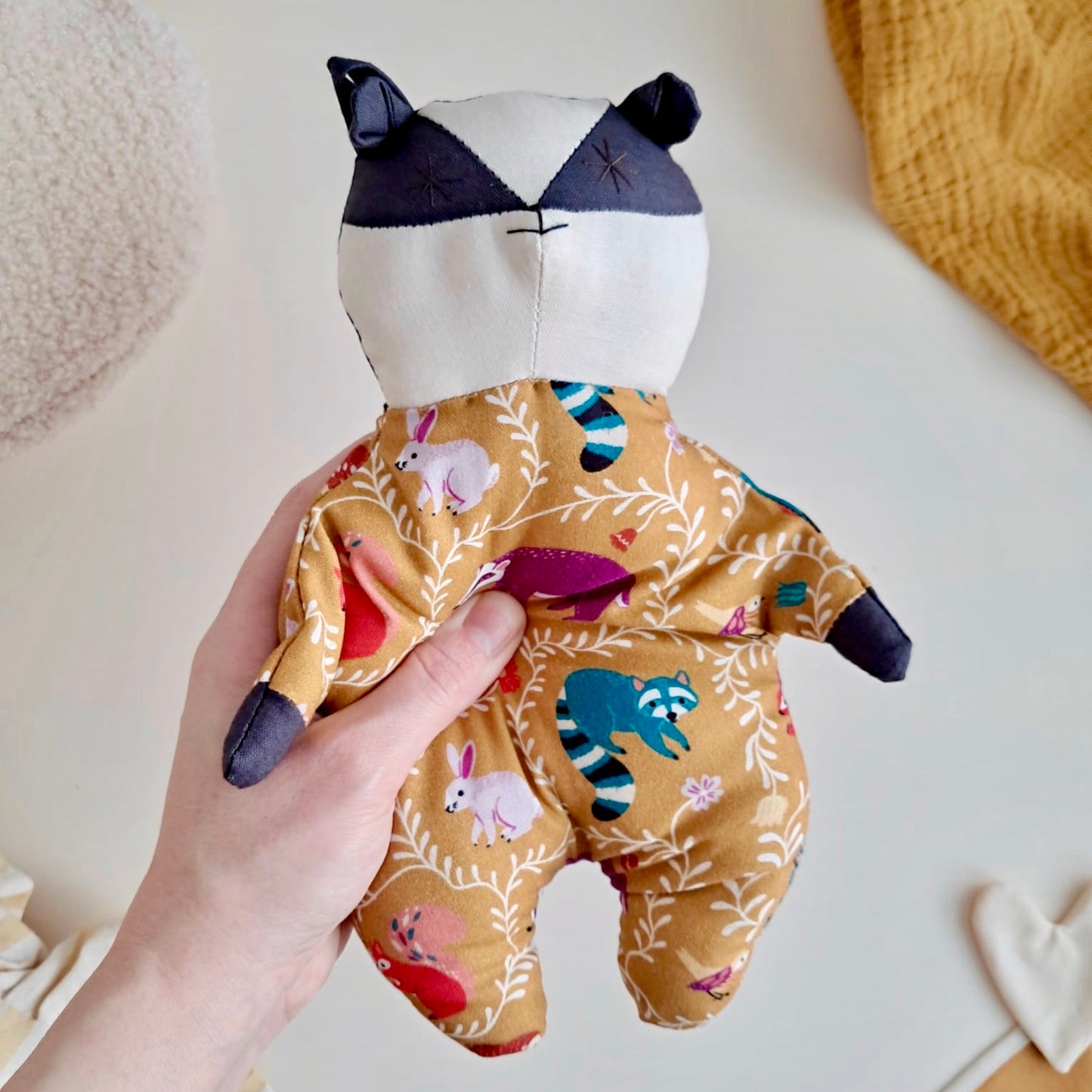 Handmade Cotton Badger Doll | Woodland Print Comfort Toy