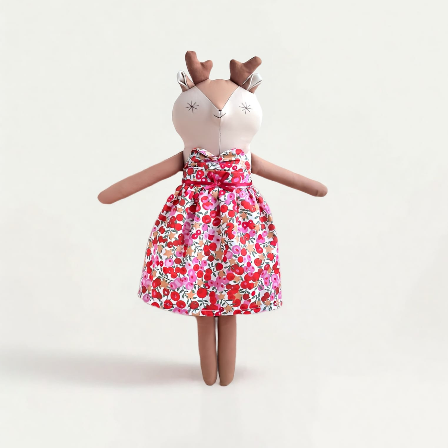Handmade Little Reindeer Doll - Red Holly and metallic gold star print