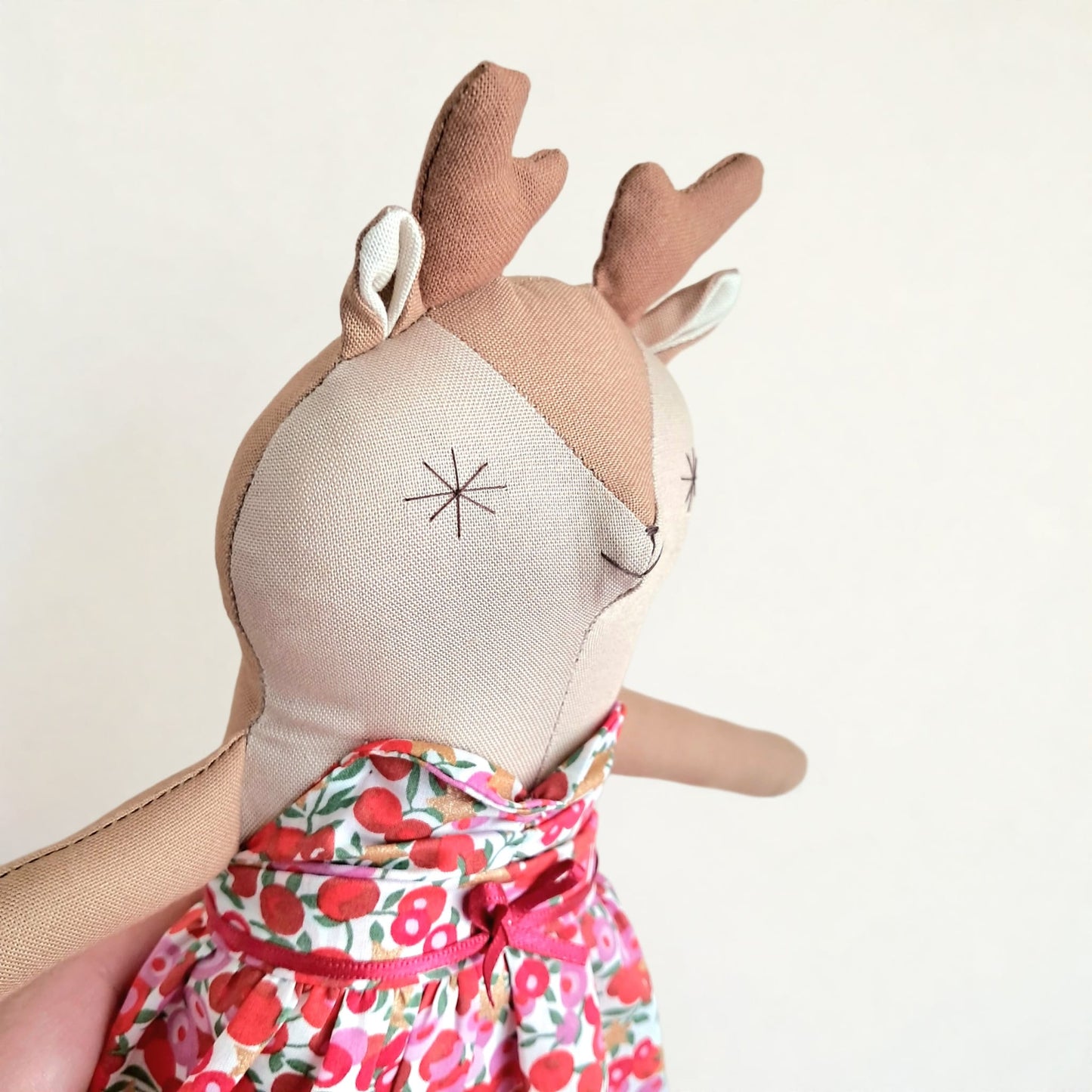 Handmade Little Reindeer Doll - Red Holly and metallic gold star print