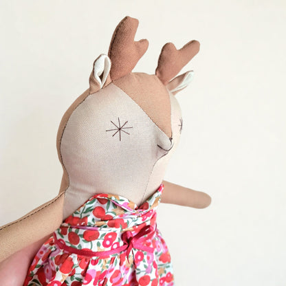 Handmade Little Reindeer Doll - Red Holly and metallic gold star print