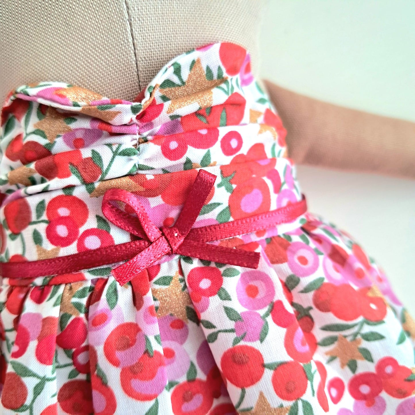 Handmade Little Reindeer Doll - Red Holly and metallic gold star print