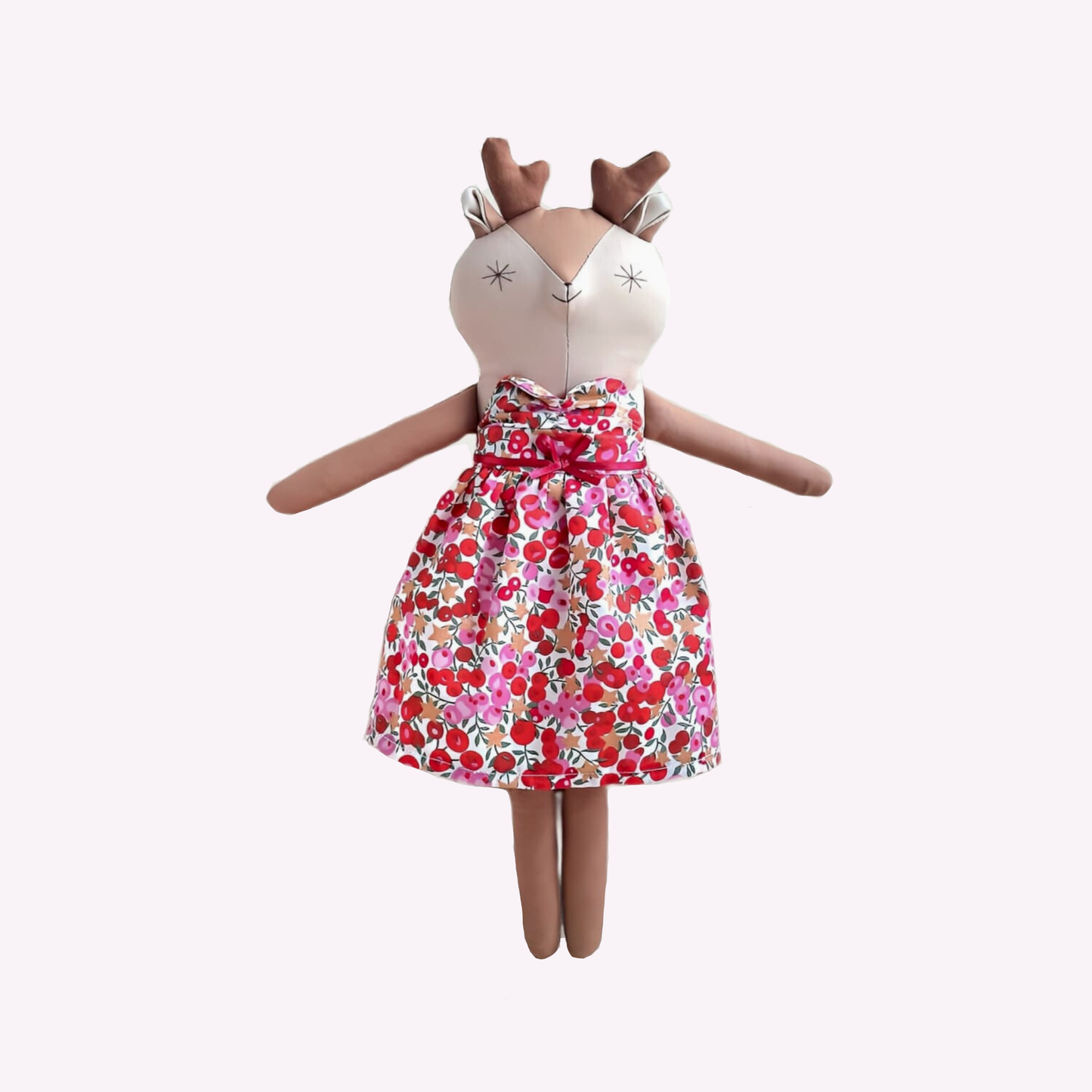 Handmade Little Reindeer Doll - Red Holly and metallic gold star print
