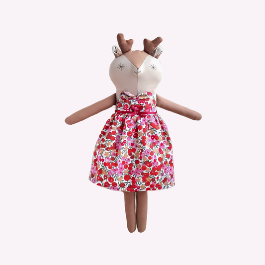Handmade Little Reindeer Doll - Red Holly and metallic gold star print