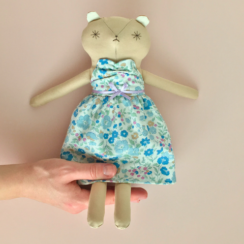 Maevis little bear in blue spring flower dress