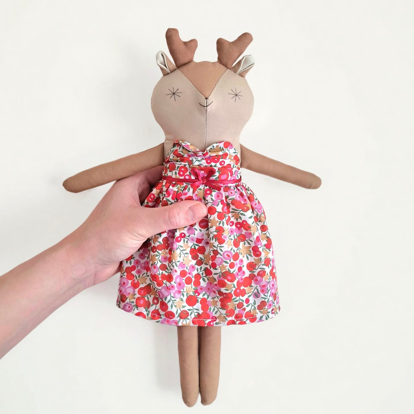Handmade Little Reindeer Doll - Red Holly and metallic gold star print
