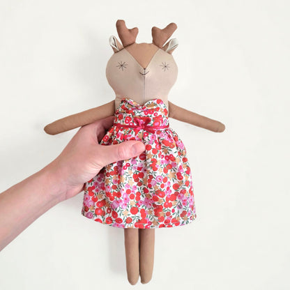 Handmade Little Reindeer Doll - Red Holly and metallic gold star print