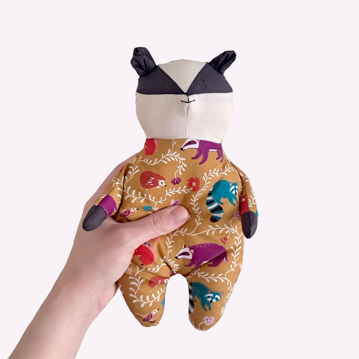 Handmade Cotton Badger Doll | Woodland Print Comfort Toy